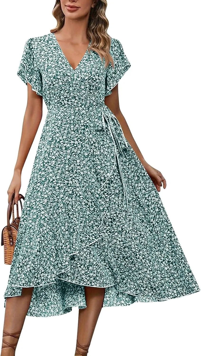 Womens Summer Dress Ruffle Short Sleeve V Neck Midi Sundress Boho Flowy Wrap Tie Waist A-Line Wedding Guest Dress
