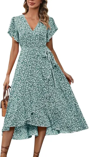 Womens Summer Dress Ruffle Short Sleeve V Neck Midi Sundress Boho Flowy Wrap Tie Waist A-Line Wedding Guest Dress