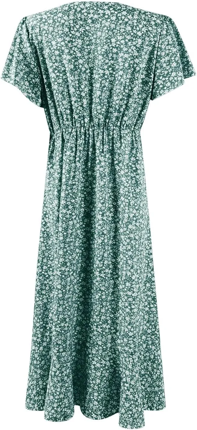 Womens Summer Dress Ruffle Short Sleeve V Neck Midi Sundress Boho Flowy Wrap Tie Waist A-Line Wedding Guest Dress