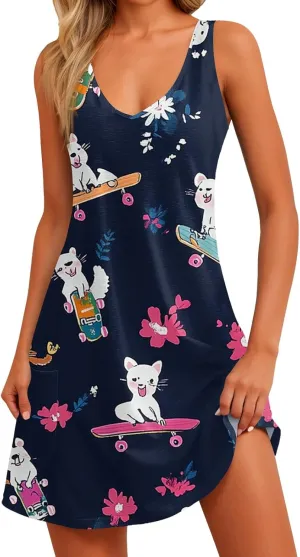 Women's Summer Dresses V Neck Vacation Swimsuit Coverup Casual Sleeveless Dress with Pocket 2025 Printed Sundress