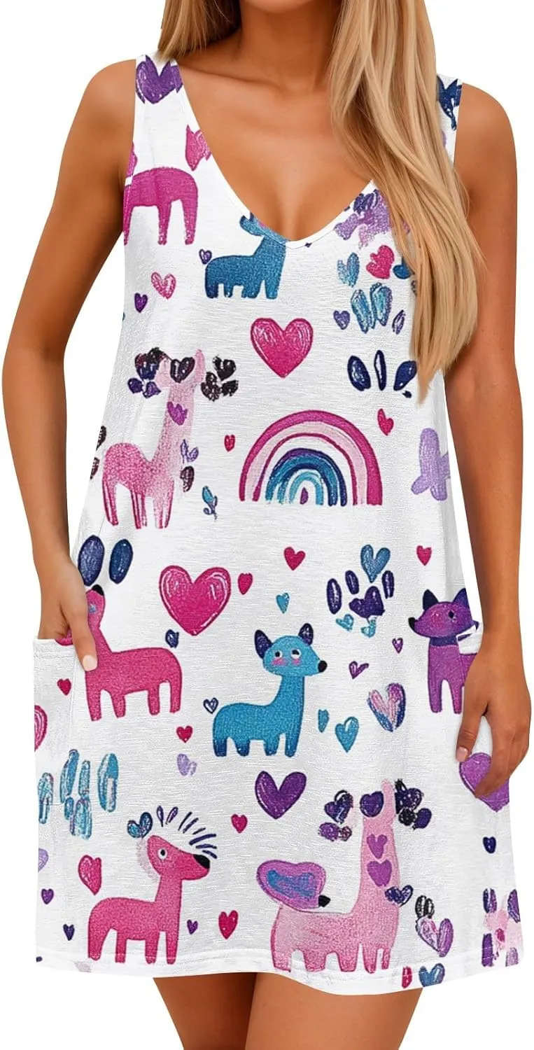 Women's Summer Dresses V Neck Vacation Swimsuit Coverup Casual Sleeveless Dress with Pocket 2025 Printed Sundress