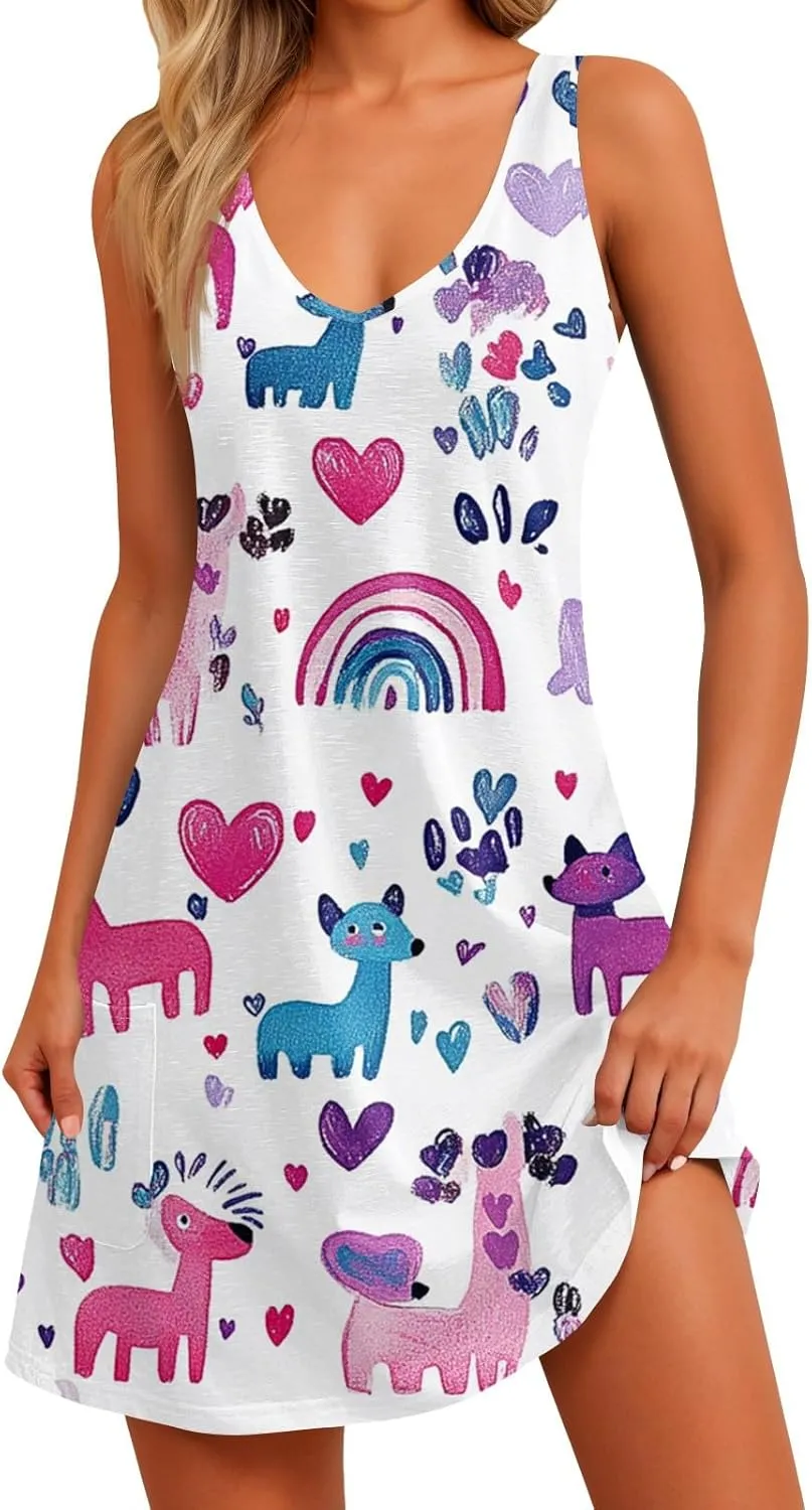 Women's Summer Dresses V Neck Vacation Swimsuit Coverup Casual Sleeveless Dress with Pocket 2025 Printed Sundress
