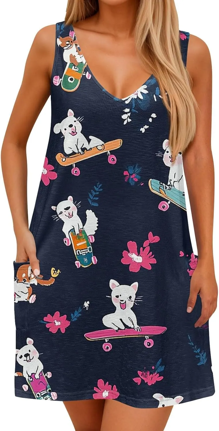 Women's Summer Dresses V Neck Vacation Swimsuit Coverup Casual Sleeveless Dress with Pocket 2025 Printed Sundress