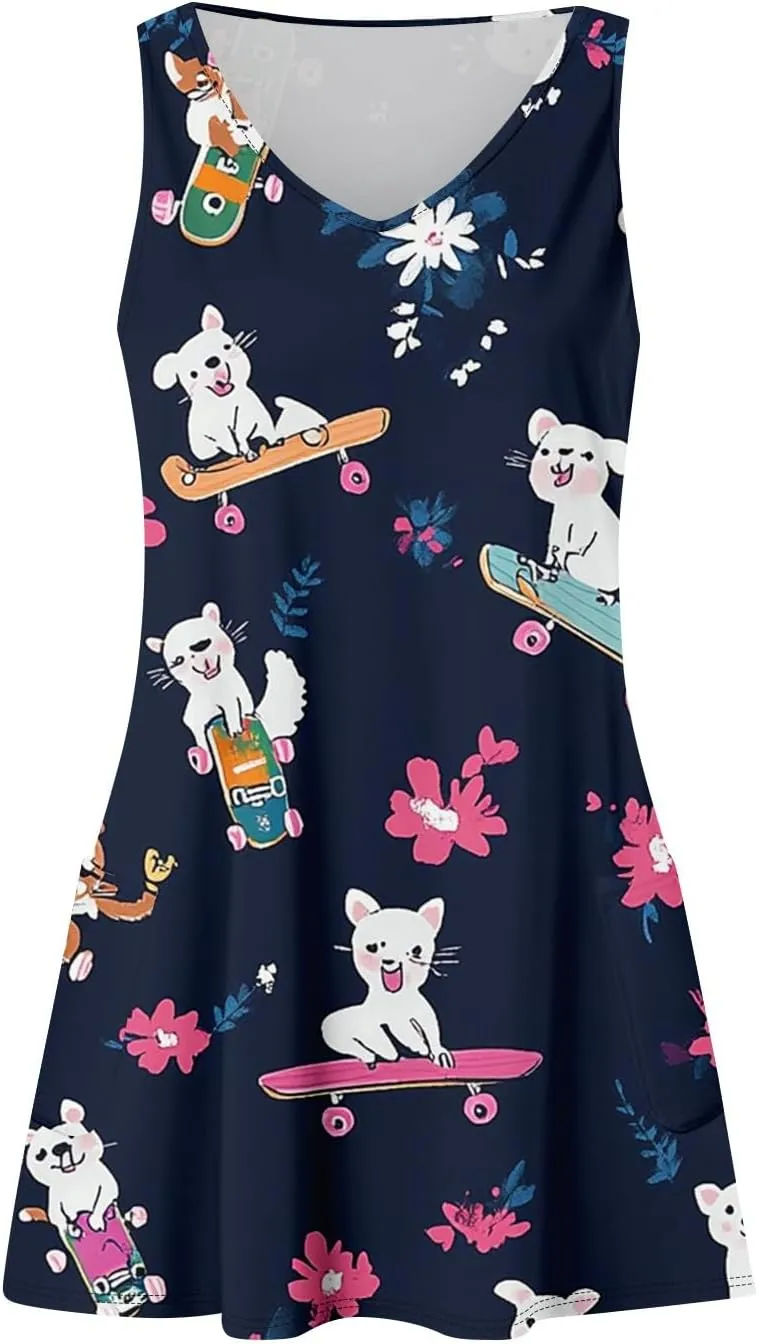 Women's Summer Dresses V Neck Vacation Swimsuit Coverup Casual Sleeveless Dress with Pocket 2025 Printed Sundress