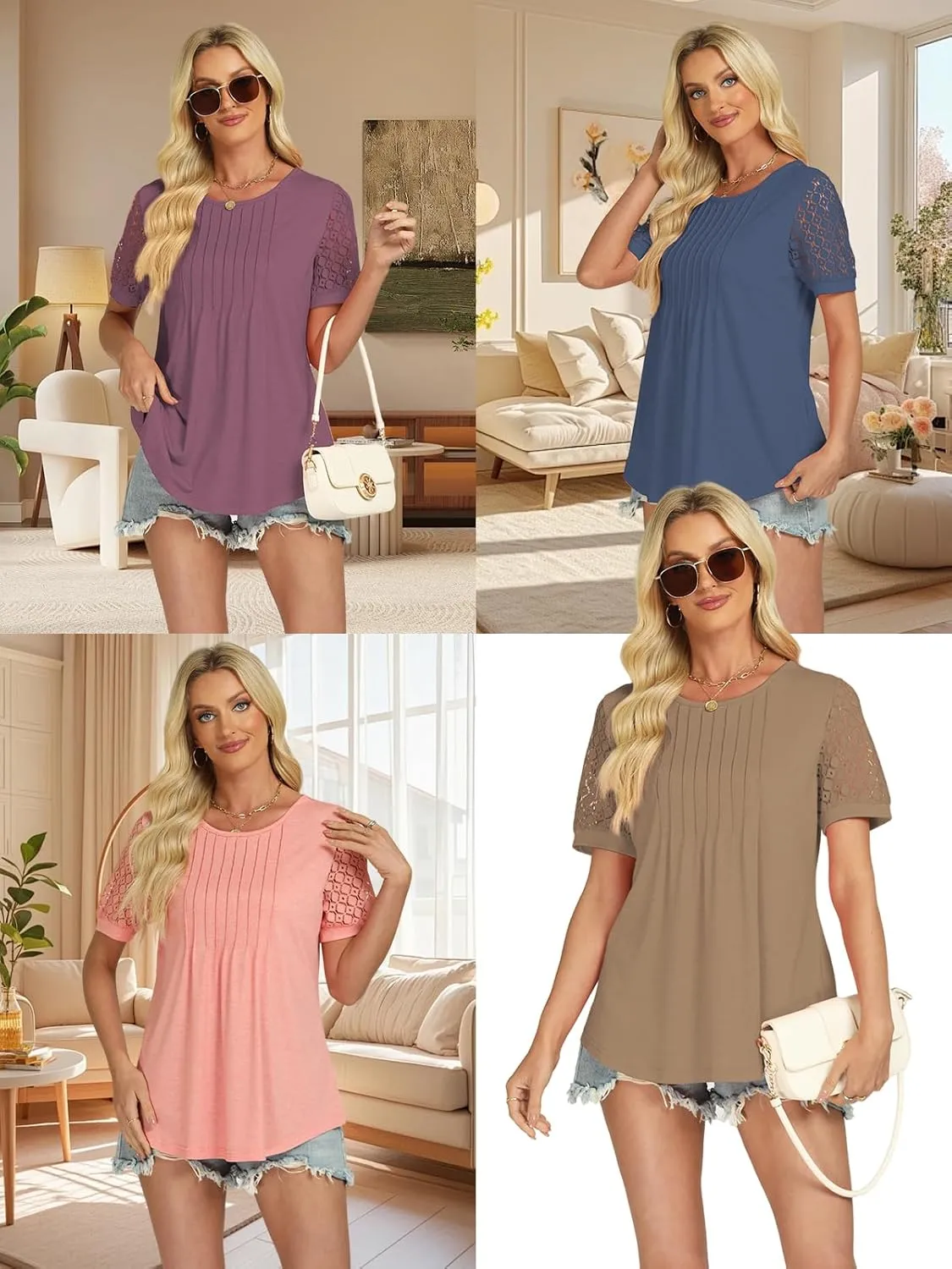 Womens Summer Tops 2025 Short Sleeve T Shirts Dressy Casual Crewneck Blouses Workout Trendy Lace Sleeve Y2K Womens Clothes