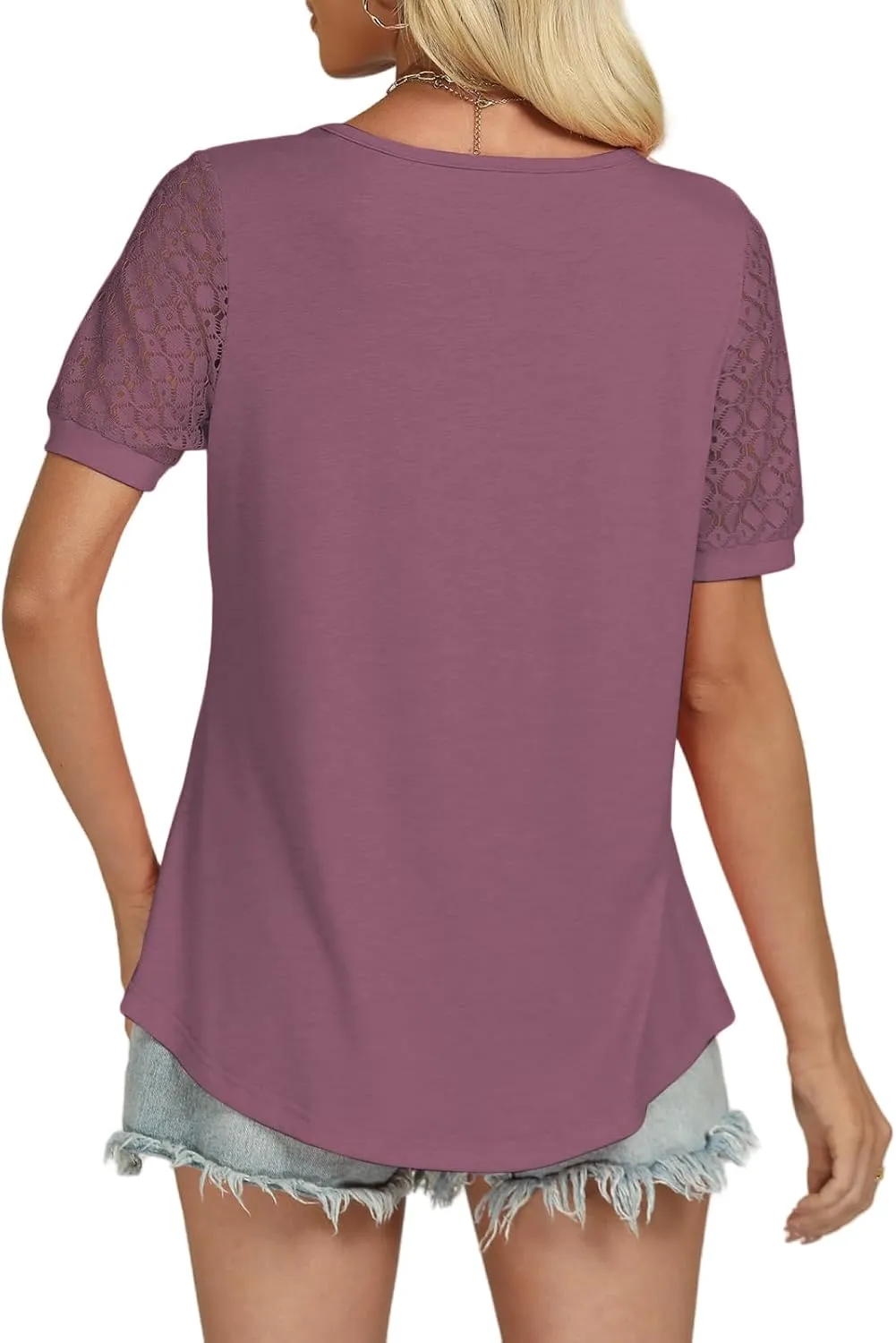 Womens Summer Tops 2025 Short Sleeve T Shirts Dressy Casual Crewneck Blouses Workout Trendy Lace Sleeve Y2K Womens Clothes