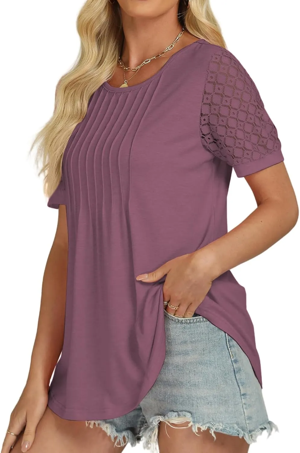 Womens Summer Tops 2025 Short Sleeve T Shirts Dressy Casual Crewneck Blouses Workout Trendy Lace Sleeve Y2K Womens Clothes