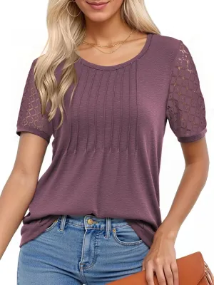 Womens Summer Tops 2025 Short Sleeve T Shirts Dressy Casual Crewneck Blouses Workout Trendy Lace Sleeve Y2K Womens Clothes