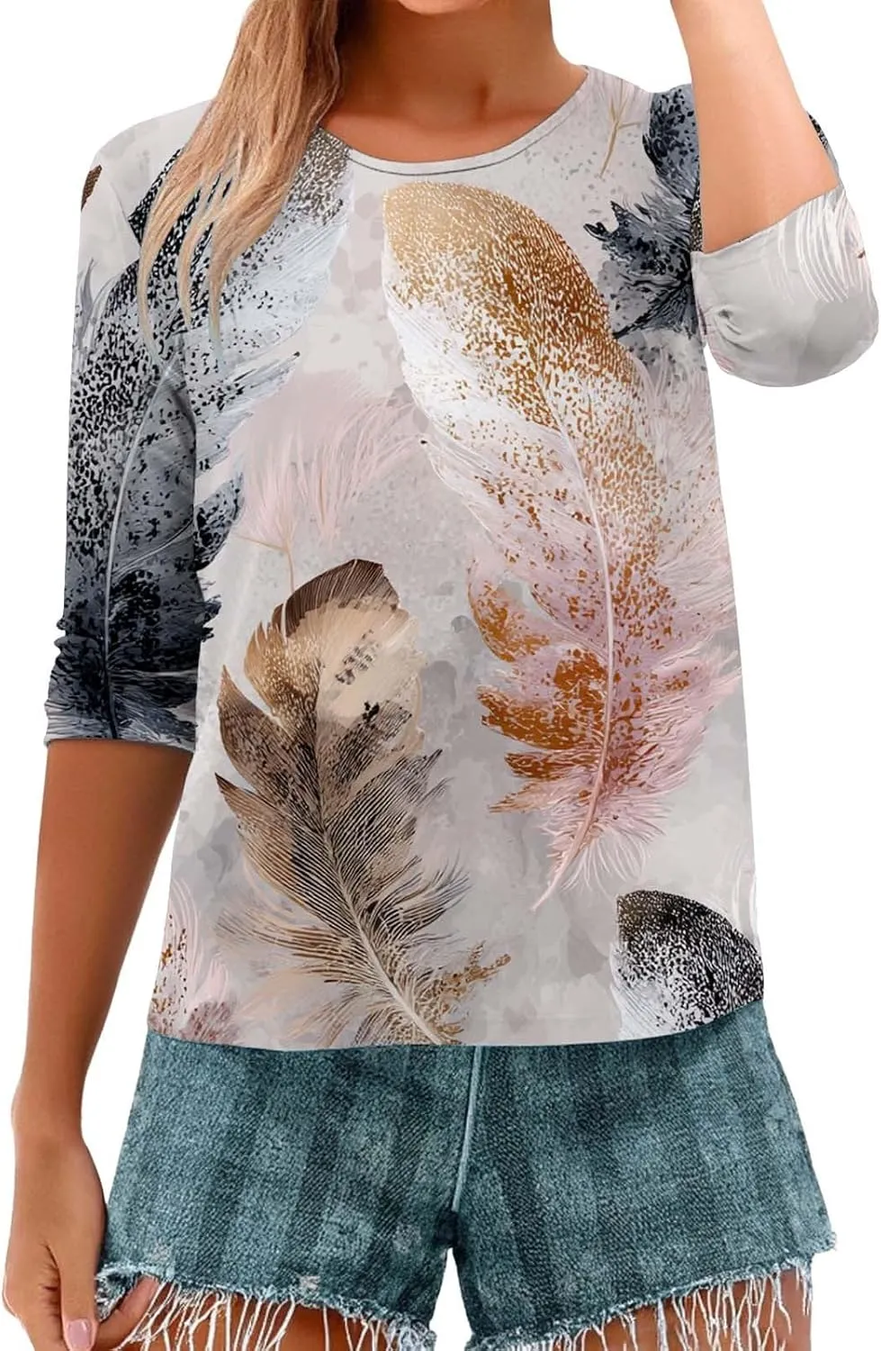Womens Summer Tops Trendy Cute Casual Loose Floral Printed Pullover Tops Plus Size 3/4 Sleeve Crewneck Basic T Shirt