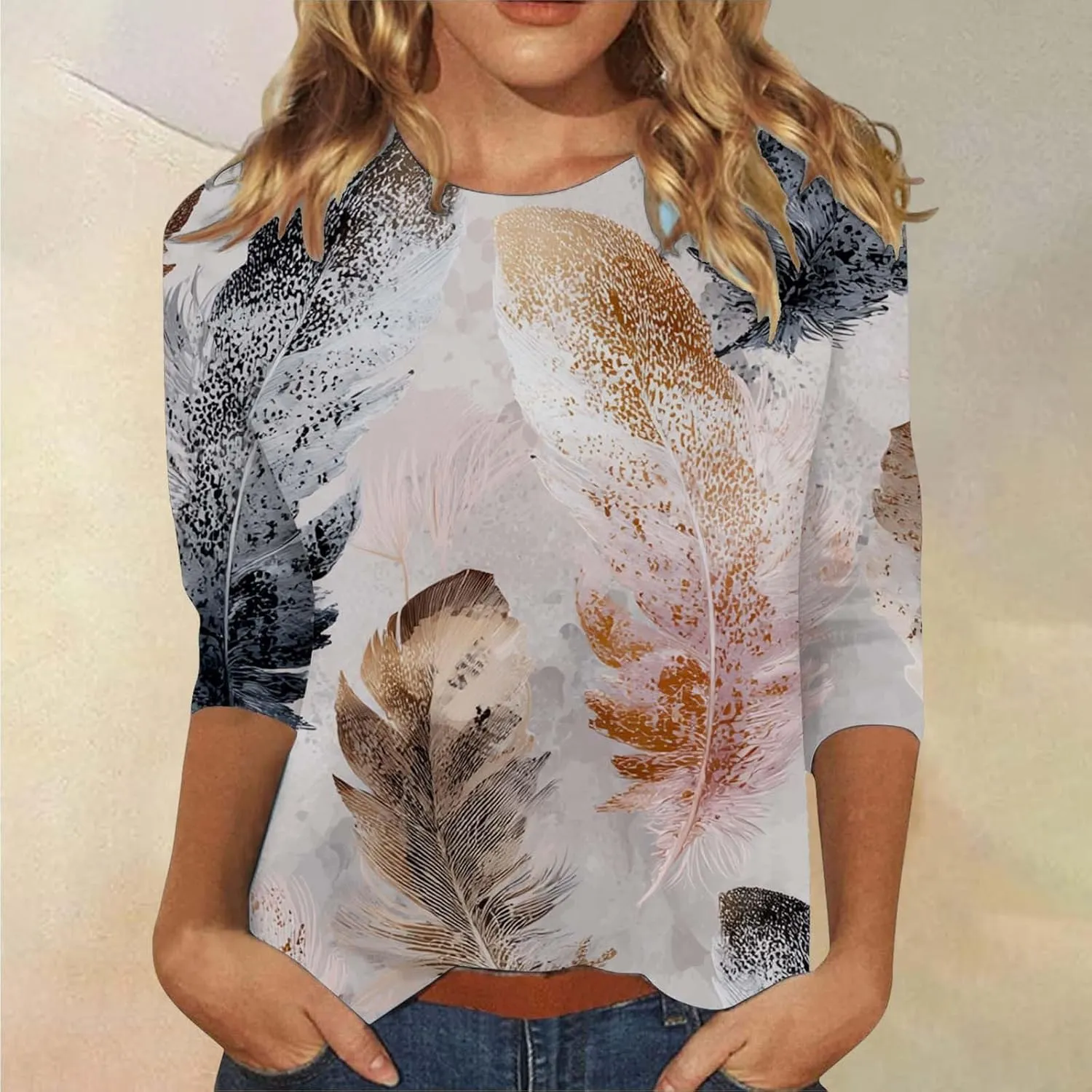Womens Summer Tops Trendy Cute Casual Loose Floral Printed Pullover Tops Plus Size 3/4 Sleeve Crewneck Basic T Shirt