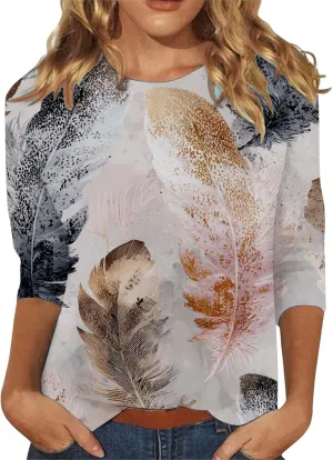 Womens Summer Tops Trendy Cute Casual Loose Floral Printed Pullover Tops Plus Size 3/4 Sleeve Crewneck Basic T Shirt
