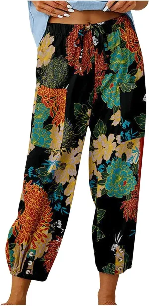 Womens Tapered Pants High Waisted Floral Print Cinch Bottom Casual Pants Pull On Elastic Waist Trousers with Pockets