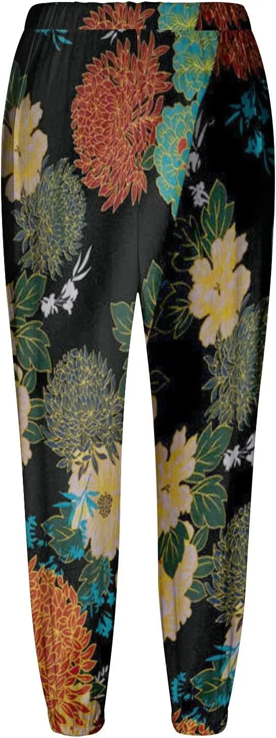 Womens Tapered Pants High Waisted Floral Print Cinch Bottom Casual Pants Pull On Elastic Waist Trousers with Pockets