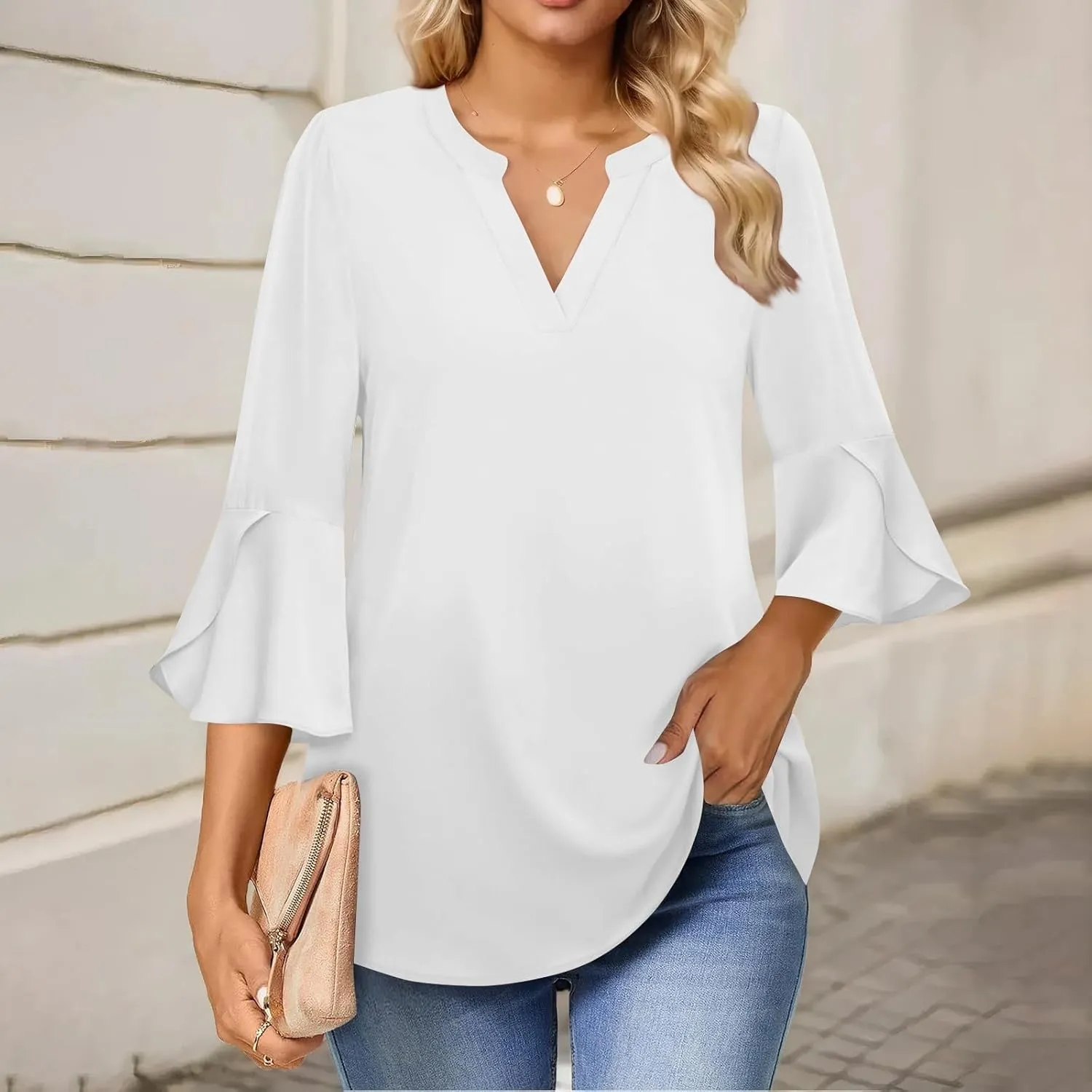 Womens Tops Dressy Casual V Neck 3/4 Length Sleeve Oversized Tshirts Tops Trendy Henley Neck Business Tunics or Tops