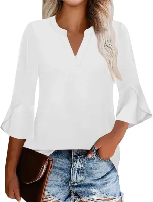 Womens Tops Dressy Casual V Neck 3/4 Length Sleeve Oversized Tshirts Tops Trendy Henley Neck Business Tunics or Tops