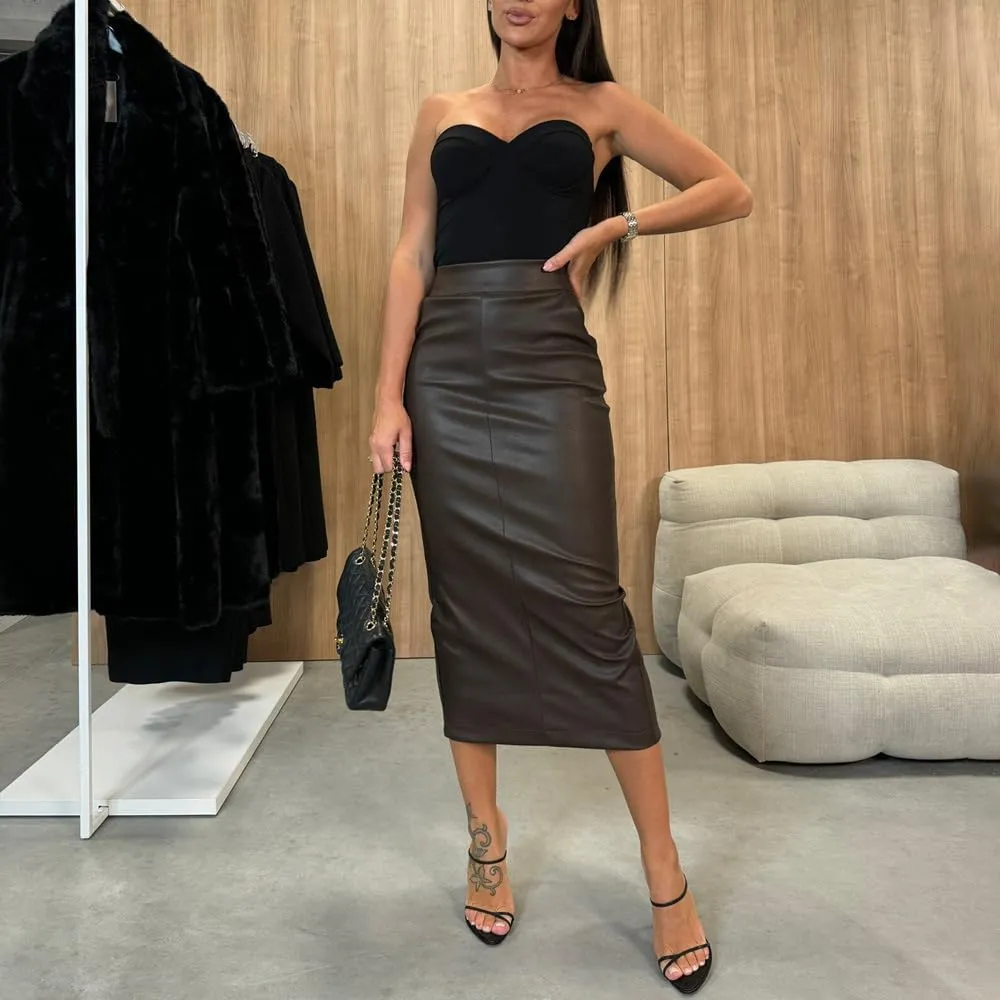 yoeasy Womens PU Leather Midi Skirts High Waist Split Slit Hip Ruched Wrap Bodycon Pencil Skirts
